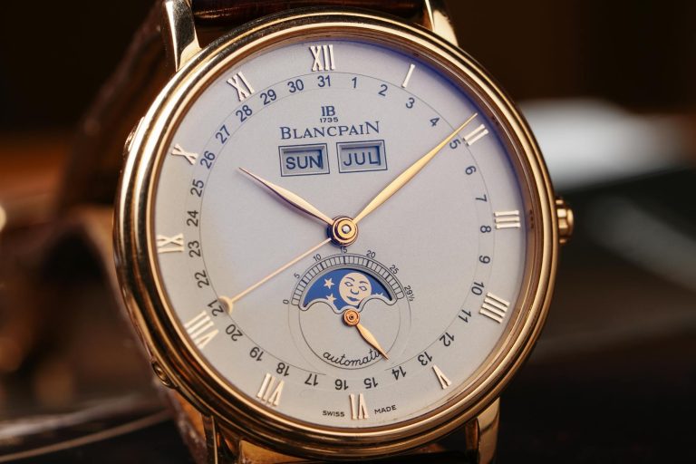 High-quality close-up of a luxury Blancpain wristwatch displaying detailed craftsmanship.