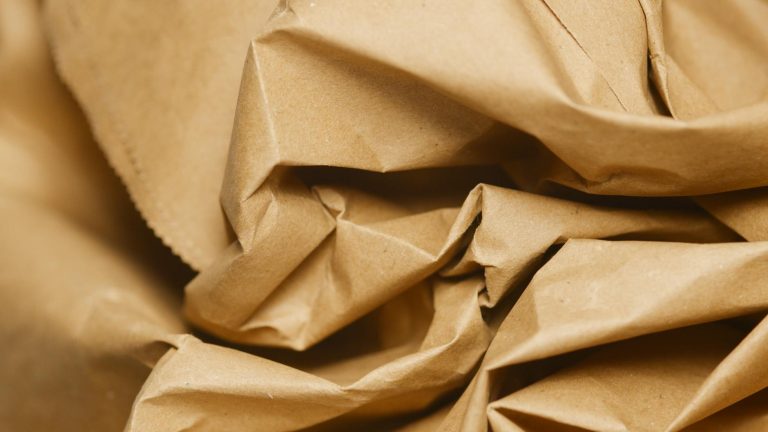 Detailed close-up of crumpled brown paper texture, ideal for backgrounds.