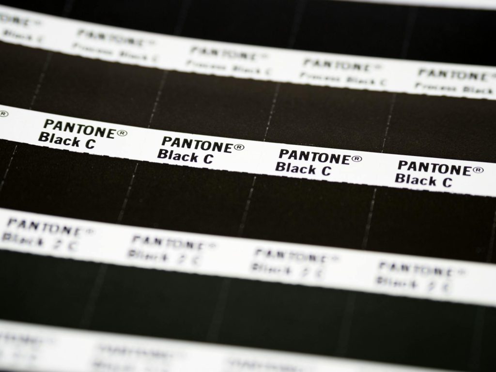 Close-up of Pantone Black C color swatch sheet with several shades displayed.