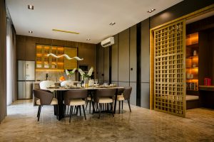 Elegant dining room with modern decor and ambient lighting in Jakarta, Indonesia.