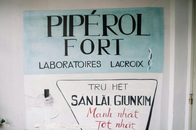Close-up of a vintage French and Vietnamese poster on a wall.