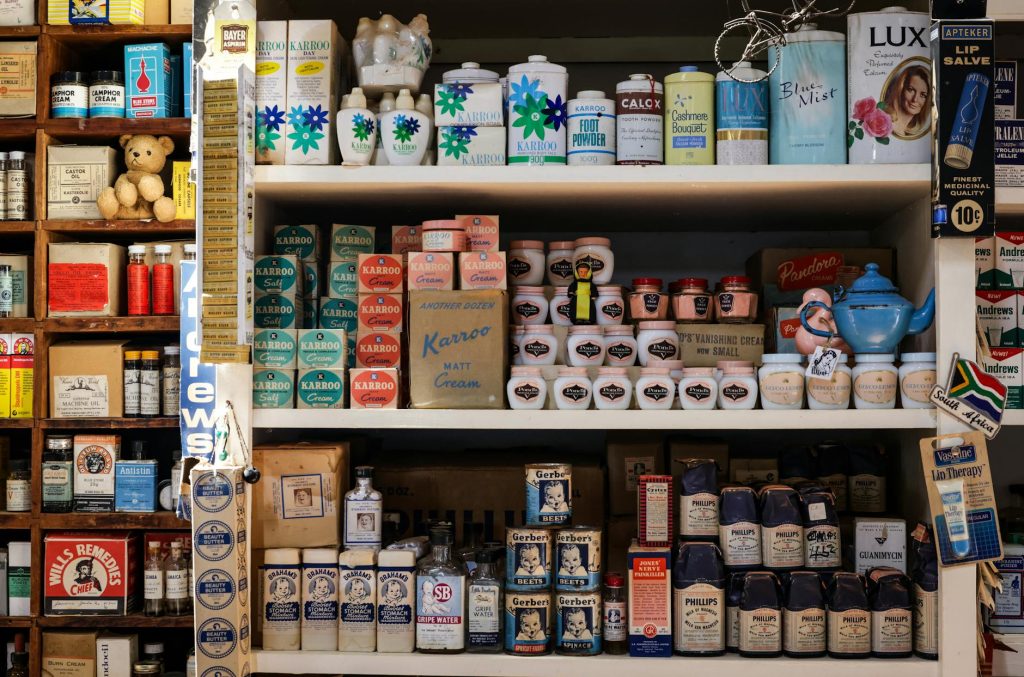 Retro grocery store shelves filled with vintage packaging and products.