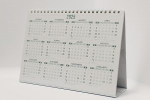 Minimalist desk calendar for year 2025 with months displayed in Portuguese.