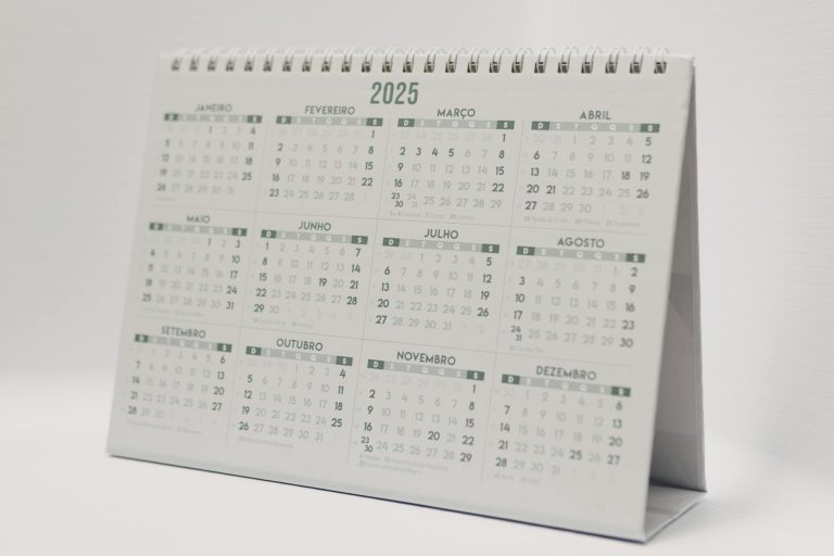 Minimalist desk calendar for year 2025 with months displayed in Portuguese.