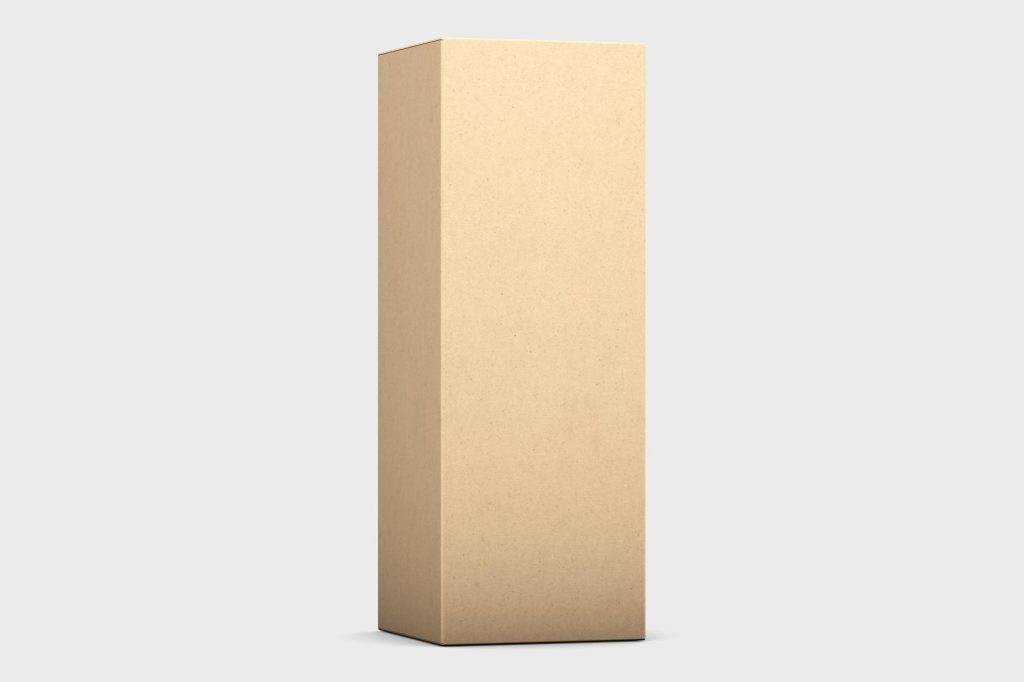 Simple tall cardboard box mockup on a clean white surface, perfect for packaging design presentations.