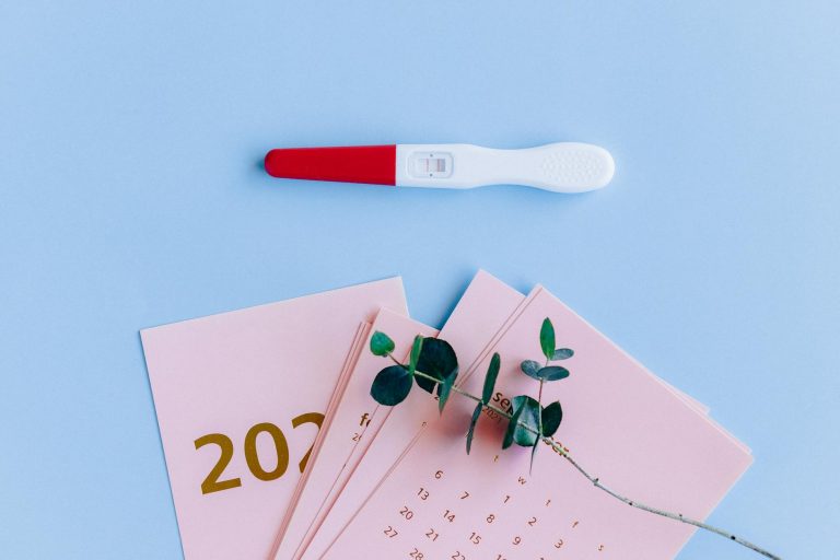 Pregnancy test on pastel flat lay with calendar and eucalyptus branch, symbolizing new beginnings.