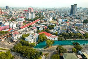 Explore Jakarta's historic Pasar Baru market area with this vibrant aerial view capturing its urban landscape.