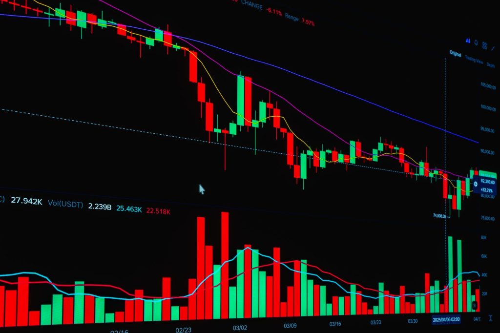 Vibrant digital chart showcasing cryptocurrency market trends with candlestick patterns.